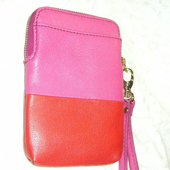 FOSSIL ~ fuchsia pink & red leather wristlet ~ new - Picture 2 of 4